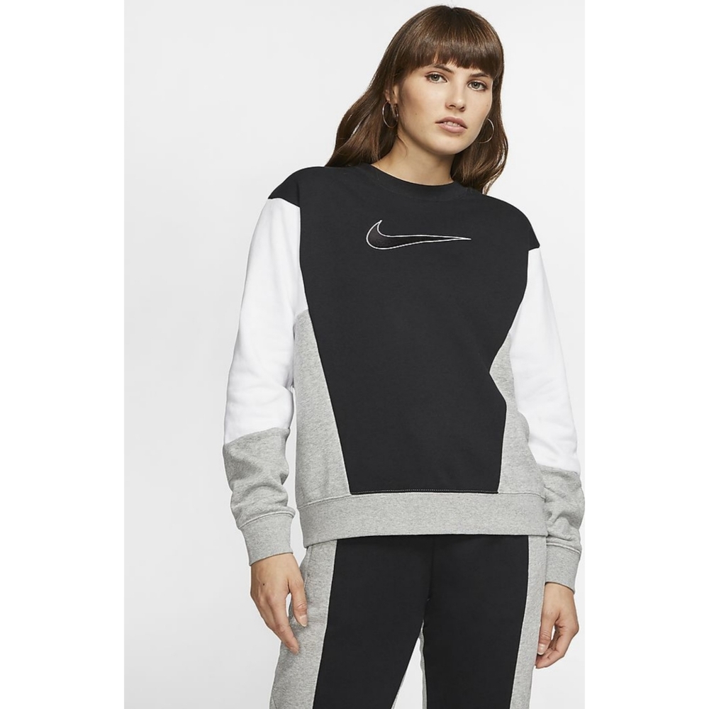 NIKE Women's NSW French Terry Colourblock Retro Crew Neck Black White XS